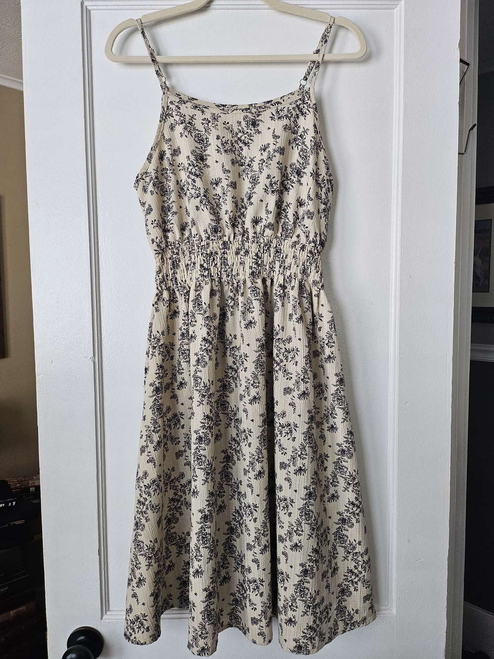 Cream Floral Print Sundress with Smocked Waist